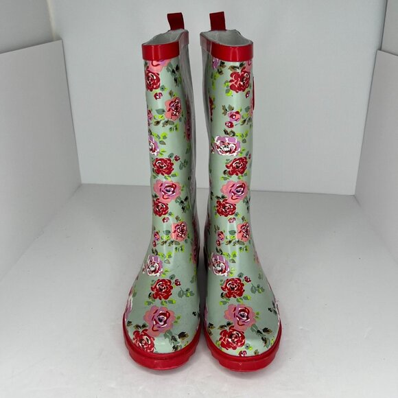 Womens Green Waterproof Garden Strap Floral Mid Calf Slip On Size 6 Rain Boots - Picture 3 of 9